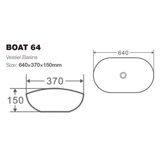 640*370*150mm Bathroom Oval Above Counter Gloss White Ceramic Wash Vessel Basin